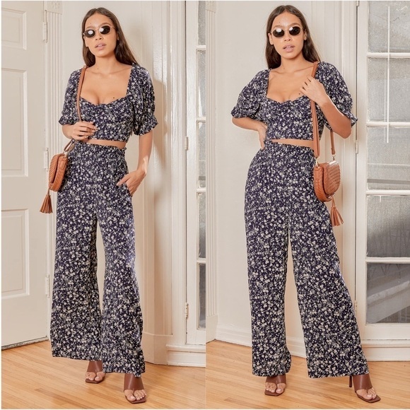 LULU’S Blossoming Style Navy Blue Floral Print Two Piece Set - Picture 1 of 4